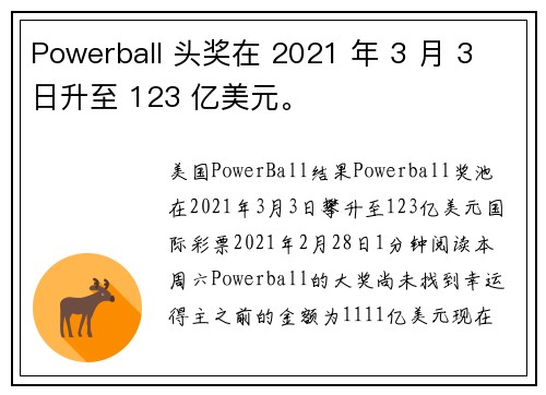 Powerball 头奖在 2021 年 3 月 3 日升至 123 亿美元。